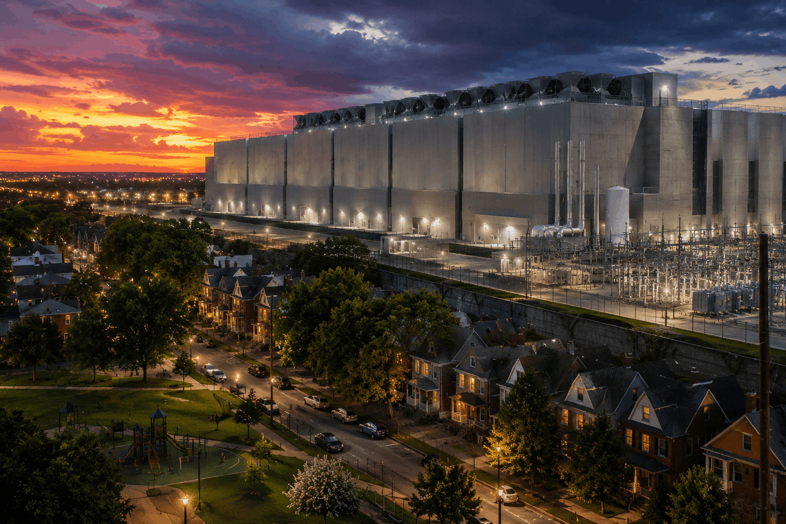 Modern data center infrastructure near an urban neighborhood, representing Birmingham’s debate over AI infrastructure regulation and public accountability.