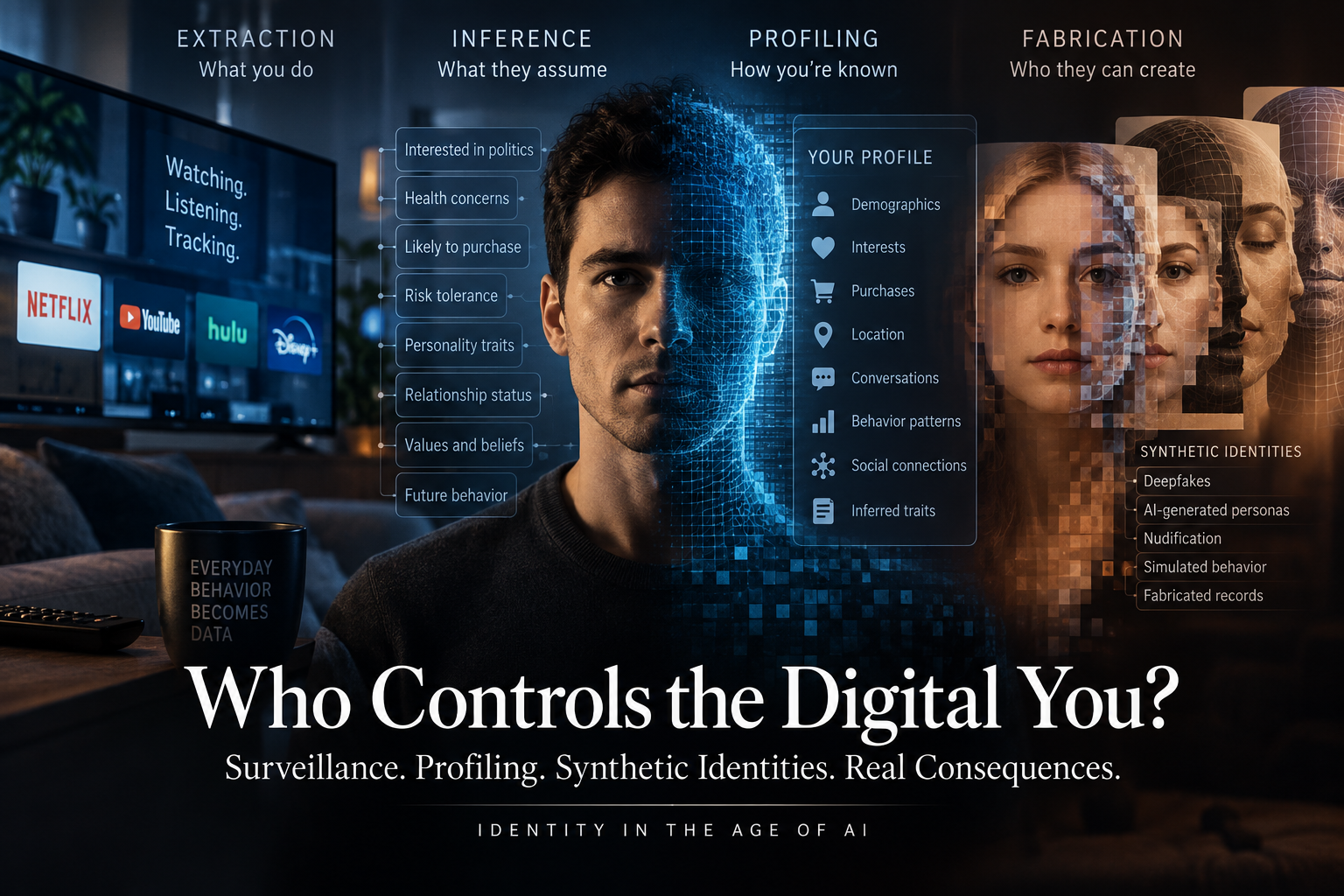 Conceptual illustration of digital identity showing surveillance, AI profiling, behavioral inference, and synthetic identity fabrication.